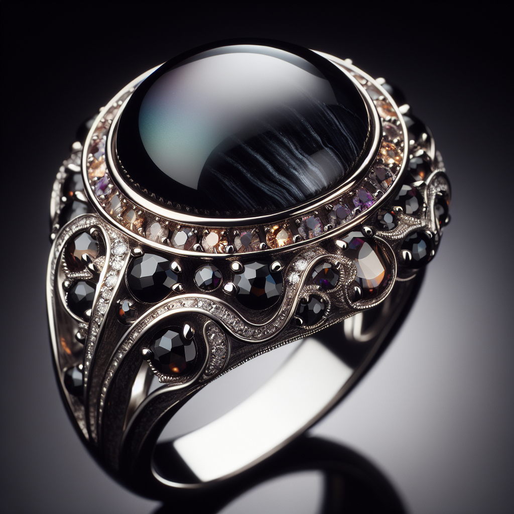 A Ring With A Circle Of Obsidian Surrounded By Diamond