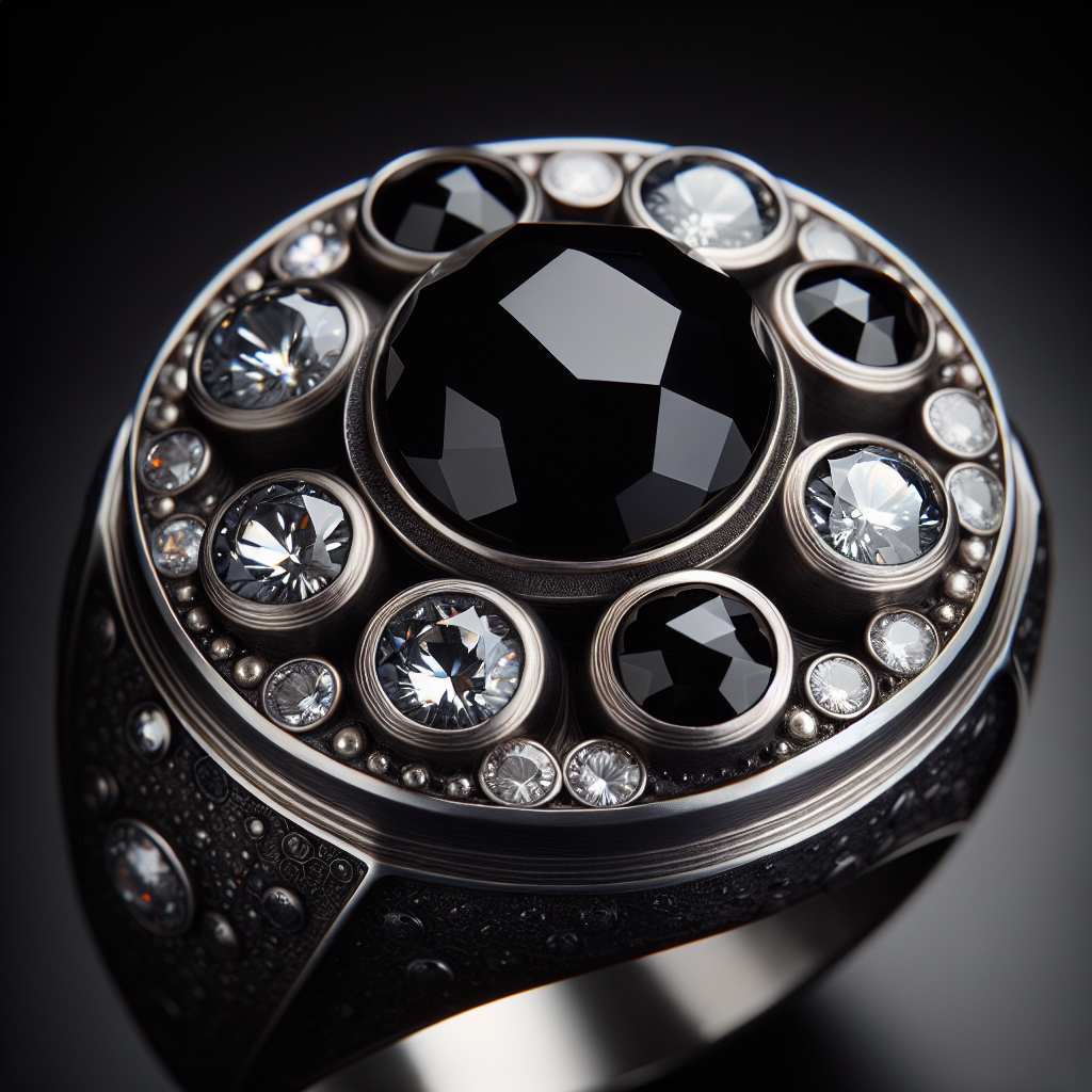 A Ring With A Circle Of Obsidian Surrounded By Diamond